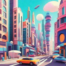 A stylized cityscape with a mix of futuristic and classic architecture