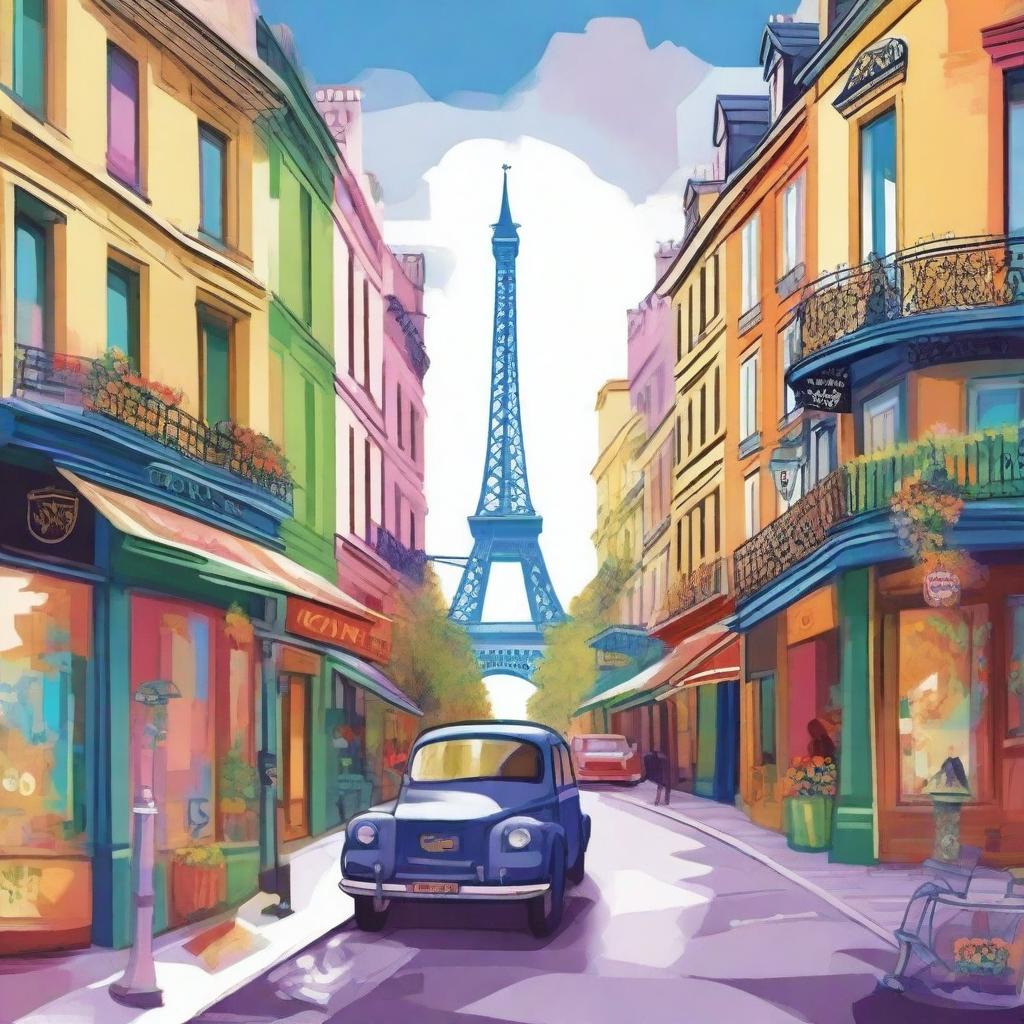 A stylized depiction of Paris, featuring iconic landmarks like the Eiffel Tower and Notre-Dame Cathedral