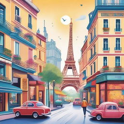 A stylized depiction of Paris, featuring iconic landmarks like the Eiffel Tower and Notre-Dame Cathedral