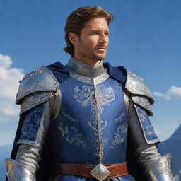 A handsome knight character adorned with a regal coat showcasing intricate details, armor glistening under sapphire skies.