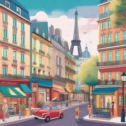 A stylized depiction of Paris, featuring iconic landmarks like the Eiffel Tower and Notre-Dame Cathedral