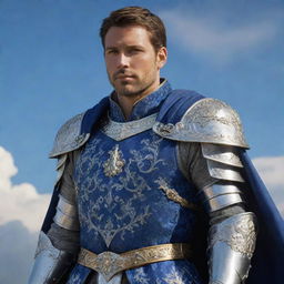 A handsome knight character adorned with a regal coat showcasing intricate details, armor glistening under sapphire skies.