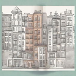 A sketch-style book cover featuring a cityscape filled with a variety of houses