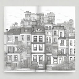 A sketch-style book cover featuring a cityscape filled with a variety of houses