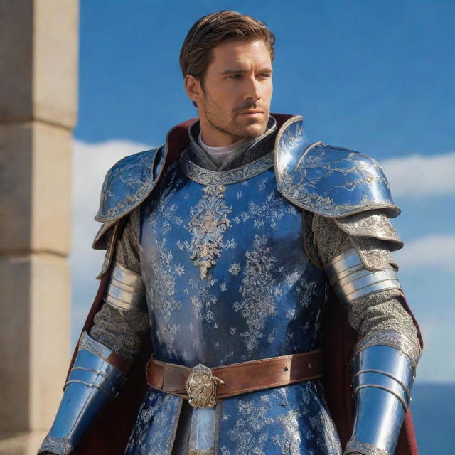 A handsome knight character adorned with a regal coat showcasing intricate details, armor glistening under sapphire skies.