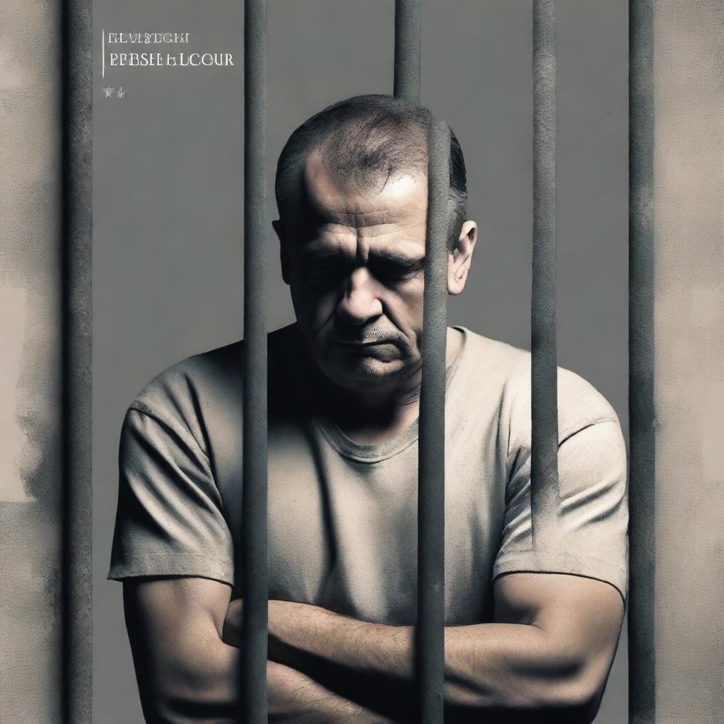 Create a book cover featuring a sad man in jail