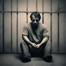 Create a book cover featuring a sad man in jail