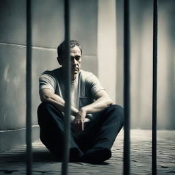 Create a book cover featuring a sad man in jail