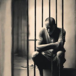 Create a book cover featuring a sad man in jail