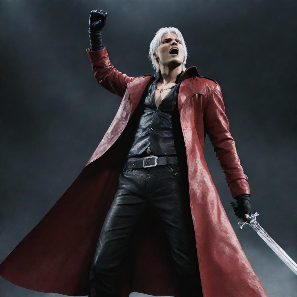 Dante from Devil May Cry, in his iconic red trench coat and white hair, passionately singing in a dramatic posture, with his iconic sword Rebellion resting nearby.