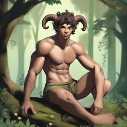 A young athletic male satyr, with muscular build and goat-like legs, sitting in a forest clearing