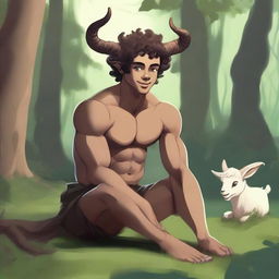 A young athletic male satyr, with muscular build and goat-like legs, sitting in a forest clearing