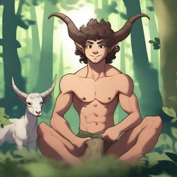 A young athletic male satyr, with muscular build and goat-like legs, sitting in a forest clearing