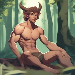 A young athletic male satyr, with muscular build and goat-like legs, sitting in a forest clearing