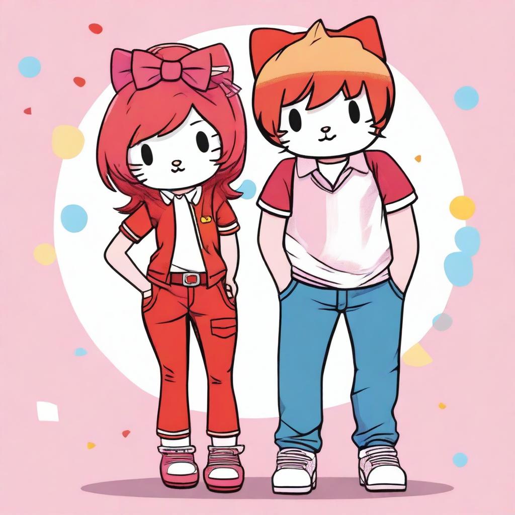 Create an image of a red-haired Hello Kitty character dressed in a flashy, trendy outfit, accompanied by her boyfriend who is wearing a Fred Perry polo shirt