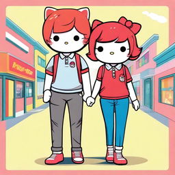 Create an image of a red-haired Hello Kitty character dressed in a flashy, trendy outfit, accompanied by her boyfriend who is wearing a Fred Perry polo shirt