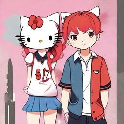 Create an image of a red-haired Hello Kitty character dressed in a flashy, trendy outfit, accompanied by her boyfriend who is wearing a Fred Perry polo shirt