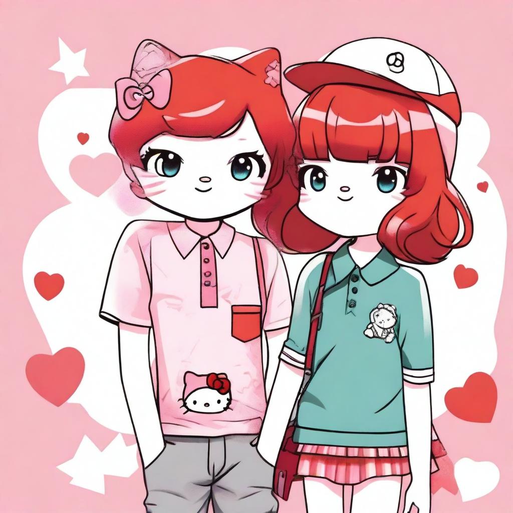 Create an image of a red-haired Hello Kitty character dressed in a flashy, trendy outfit, accompanied by her boyfriend who is wearing a Fred Perry polo shirt