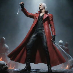 Dante from Devil May Cry, in his iconic red trench coat and white hair, passionately singing in a dramatic posture, with his iconic sword Rebellion resting nearby.