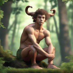 A young athletic male satyr with goat legs, exhibiting a muscular build