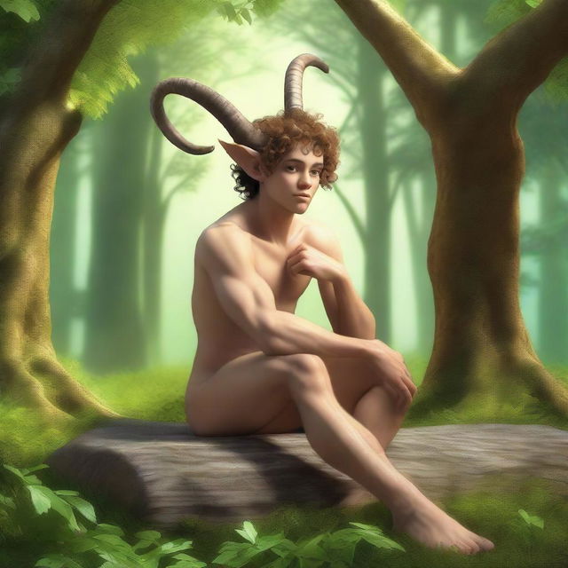 A young athletic male satyr with goat legs, exhibiting a muscular build