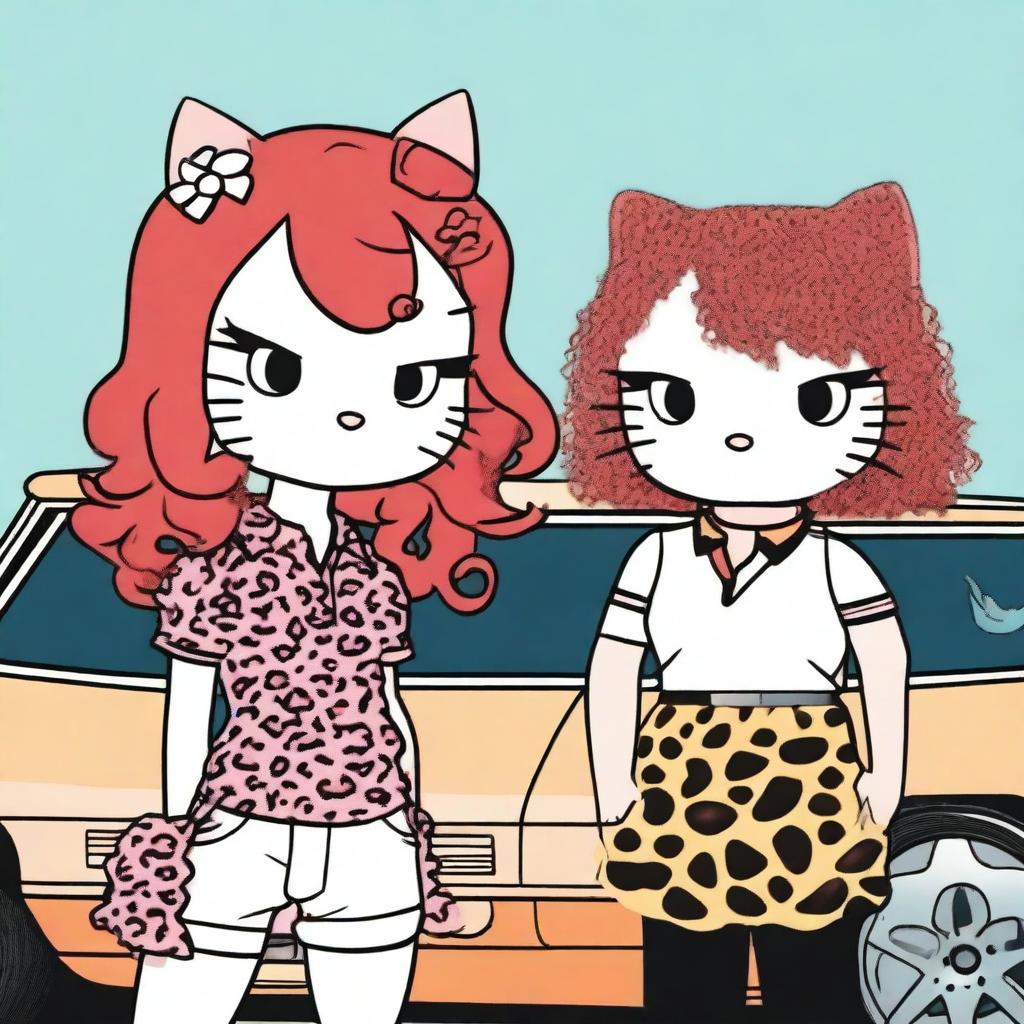 A red-haired Hello Kitty with curly hair, dressed in a leopard outfit, standing next to her boyfriend who has a shaved head and sideburns, wearing a polo shirt