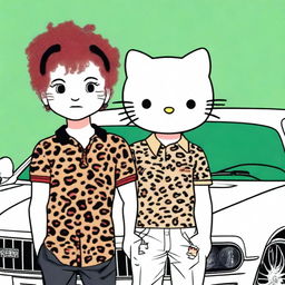 A red-haired Hello Kitty with curly hair, dressed in a leopard outfit, standing next to her boyfriend who has a shaved head and sideburns, wearing a polo shirt