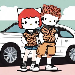 A red-haired Hello Kitty with curly hair, dressed in a leopard outfit, standing next to her boyfriend who has a shaved head and sideburns, wearing a polo shirt