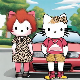 A red-haired Hello Kitty with curly hair, dressed in a leopard outfit, standing next to her boyfriend who has a shaved head and sideburns, wearing a polo shirt