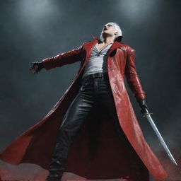 Dante from Devil May Cry, in his iconic red trench coat and white hair, passionately singing in a dramatic posture, with his iconic sword Rebellion resting nearby.