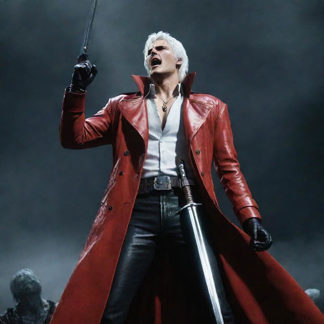 Dante from Devil May Cry, in his iconic red trench coat and white hair, passionately singing in a dramatic posture, with his iconic sword Rebellion resting nearby.