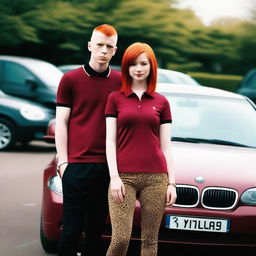 A red-haired Hello Kitty wearing leopard print leggings and a black top, standing next to her boyfriend who has a shaved head, wearing a maroon Fred Perry polo shirt and jeans