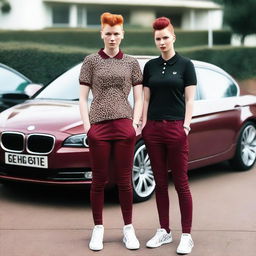 A red-haired Hello Kitty wearing leopard print leggings and a black top, standing next to her boyfriend who has a shaved head, wearing a maroon Fred Perry polo shirt and jeans