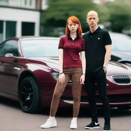 A red-haired Hello Kitty wearing leopard print leggings and a black top, standing next to her boyfriend who has a shaved head, wearing a maroon Fred Perry polo shirt and jeans