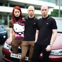 A red-haired Hello Kitty wearing leopard print leggings and a black top, standing next to her boyfriend who has a shaved head, wearing a maroon Fred Perry polo shirt and jeans