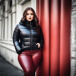 A stunning woman with a voluptuous figure, wearing a stylish, tightly closed black puffer jacket and tight red leather leggings