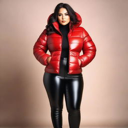 A stunning woman with a voluptuous figure, wearing a stylish, tightly closed black puffer jacket and tight red leather leggings