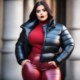 A stunning woman with a voluptuous figure, wearing a stylish, tightly closed black puffer jacket and tight red leather leggings