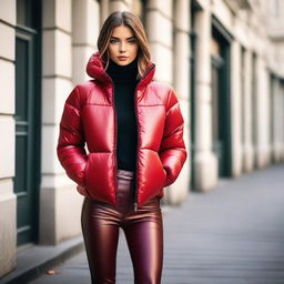 A slim woman wearing a stylish, tightly closed black puffer jacket and red leather leggings