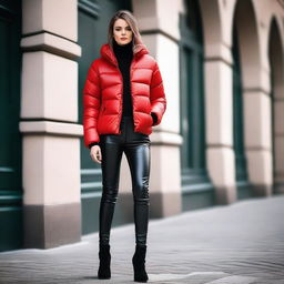 A slim woman wearing a stylish, tightly closed black puffer jacket and red leather leggings