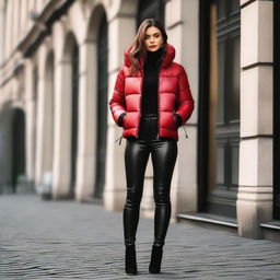 A woman dressed in a stylish and tight black puffer jacket and red leather leggings