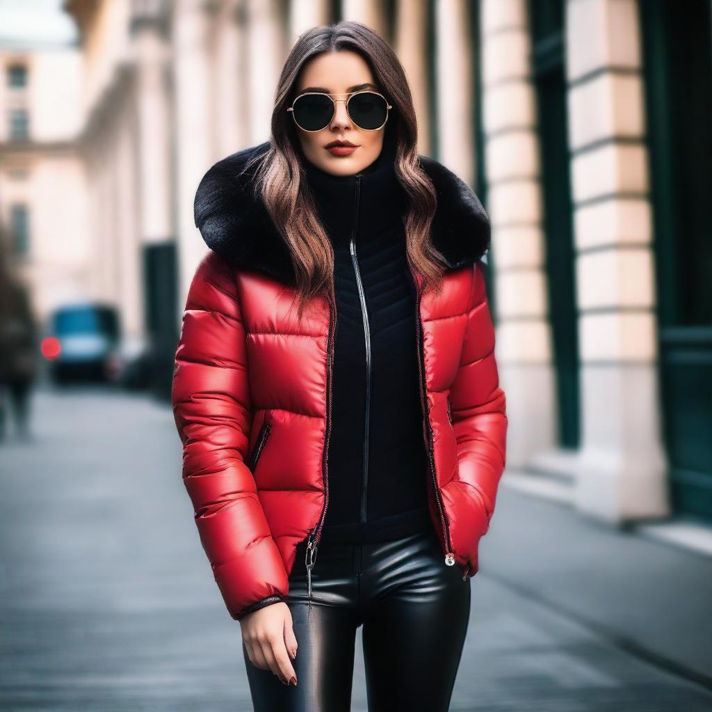 A woman dressed in a stylish and tight black puffer jacket and red leather leggings