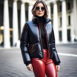 A woman dressed in a stylish and tight black puffer jacket and red leather leggings