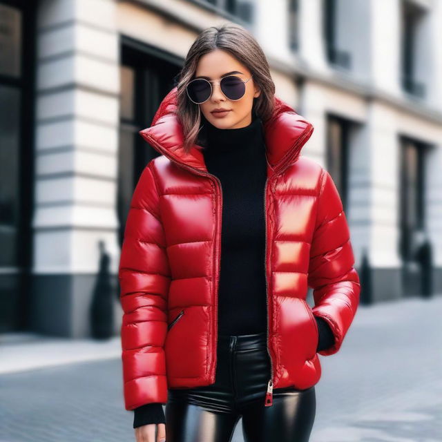 A woman dressed in a stylish and tight black puffer jacket and red leather leggings