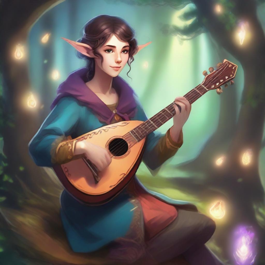 A half-elf bard playing a lute in a magical forest, dressed in colorful and elaborate clothing with a friendly expression