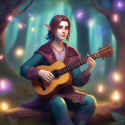 A half-elf bard playing a lute in a magical forest, dressed in colorful and elaborate clothing with a friendly expression