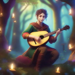 A half-elf bard playing a lute in a magical forest, dressed in colorful and elaborate clothing with a friendly expression