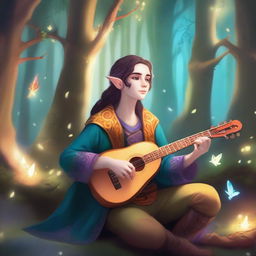 A half-elf bard playing a lute in a magical forest, dressed in colorful and elaborate clothing with a friendly expression