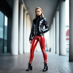 A woman dressed in a shiny and tight black puffer jacket and red latex leggings