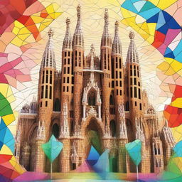 Create a stylized image of the Sagrada Família, showcasing its iconic architecture with intricate details and vibrant colors